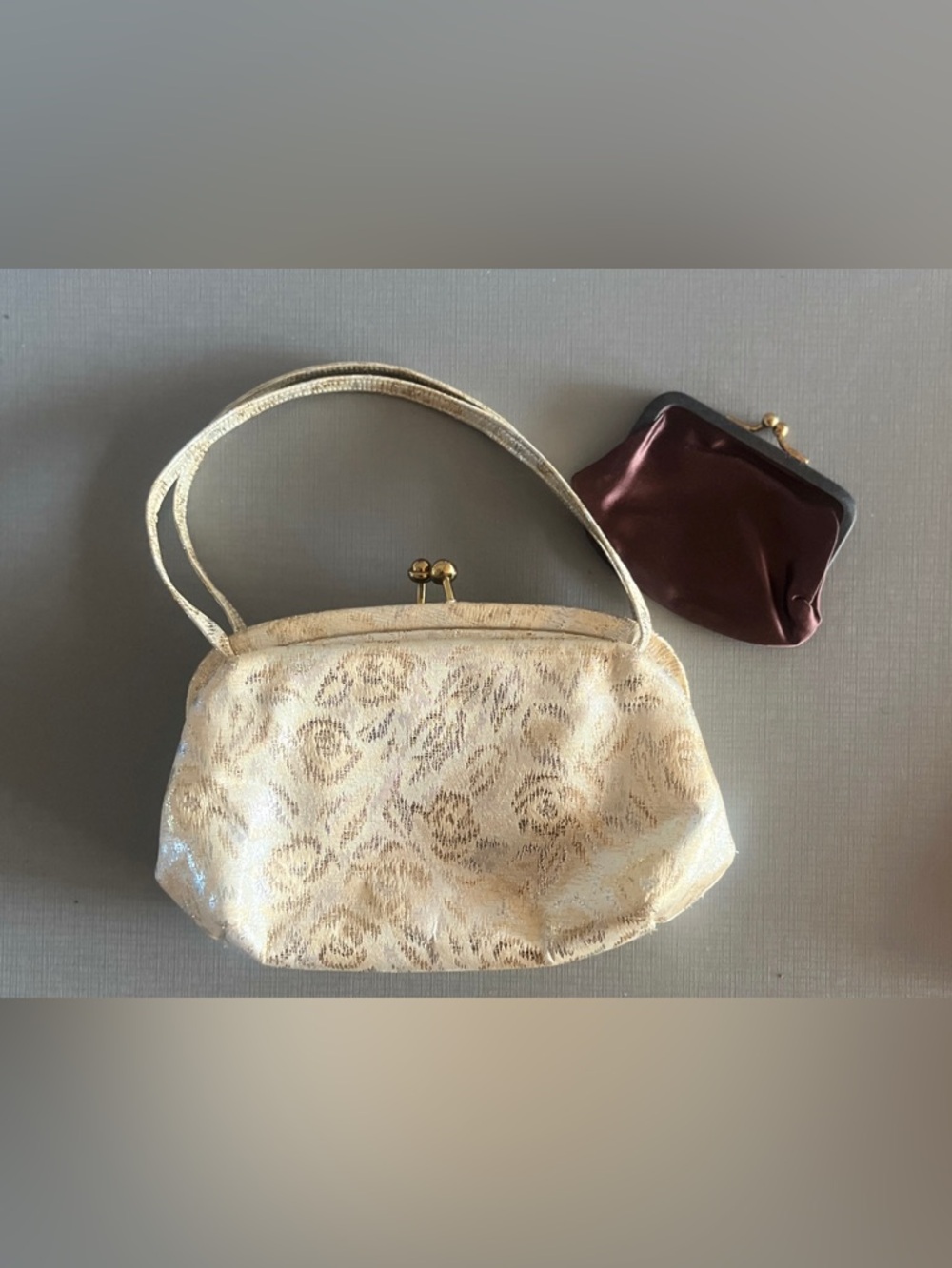 Rosart Vintage 1940s Little Gold Purse/Silver, Floral Brocade  Evening Bag, 40s